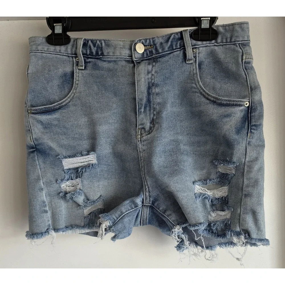 By Egreis Women M Light Blue Distressed Denim Shorts Casual Jean Cutoff